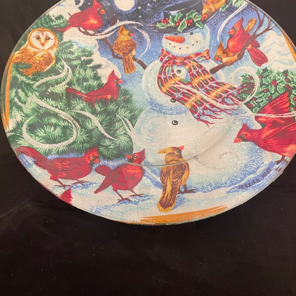 Winter Themed Decoupage 10” Plate w Silver Glitter Snow Throughout Snowman Birds